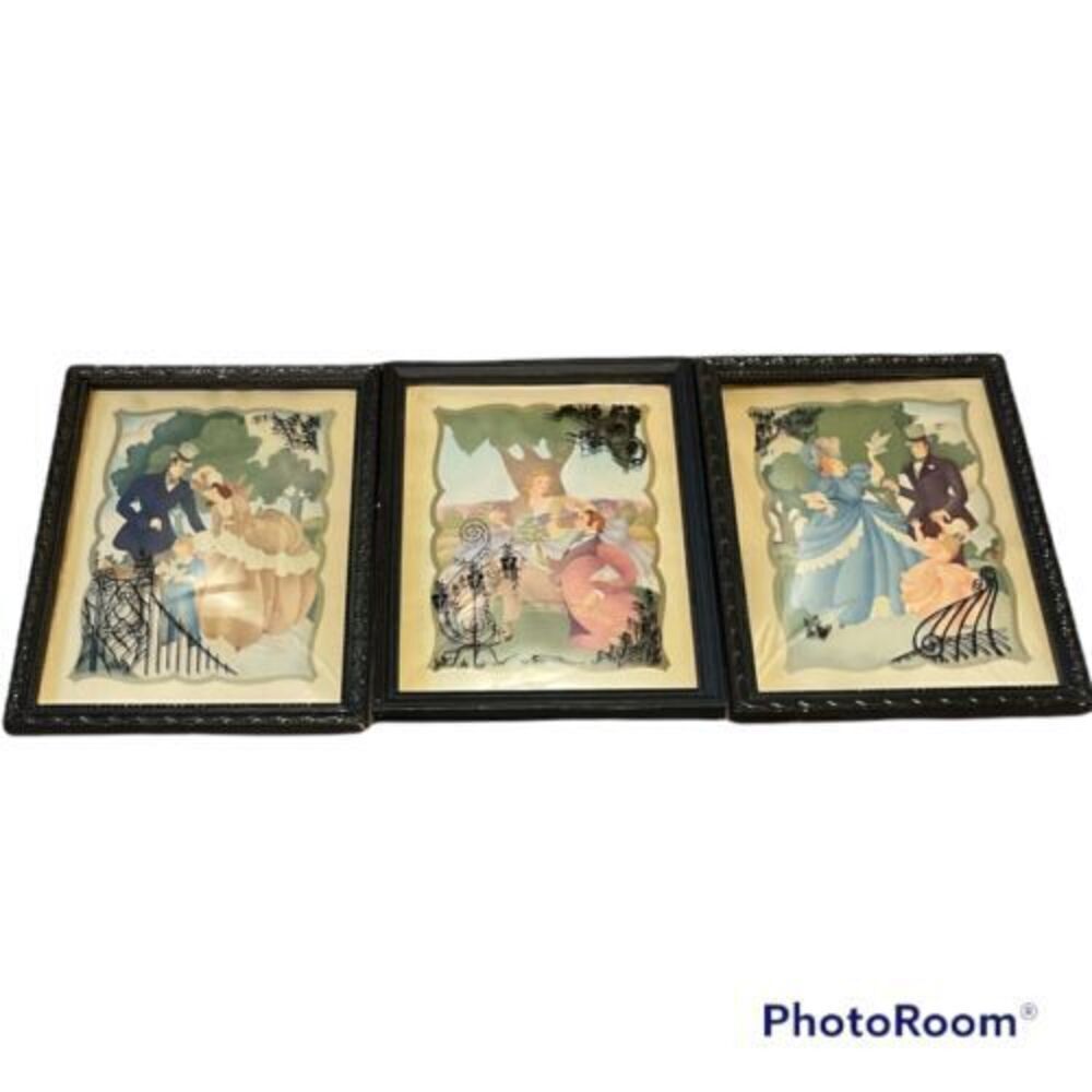 Vintage 1942 Victorian Silhouette Convex Glass Wood Frame S.Colef 3 Pieces
